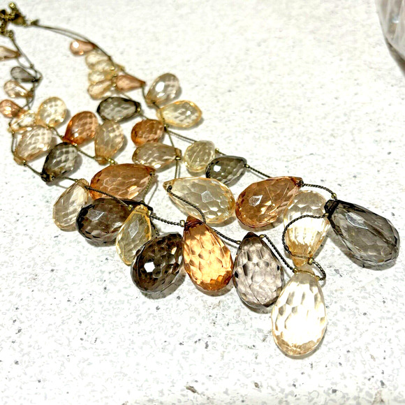 Chico’s Multistrand Chain Beaded Necklace Crystal Teardrops Peach White Gray - Picture 2 of 5
